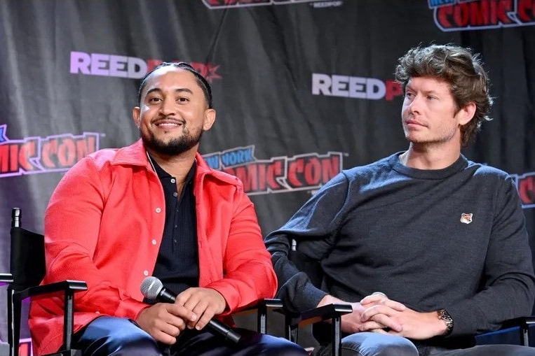 Tahj Mowry and Anders Holm speak at The Muppets Mayhem panel during New York Comic Con 2022.